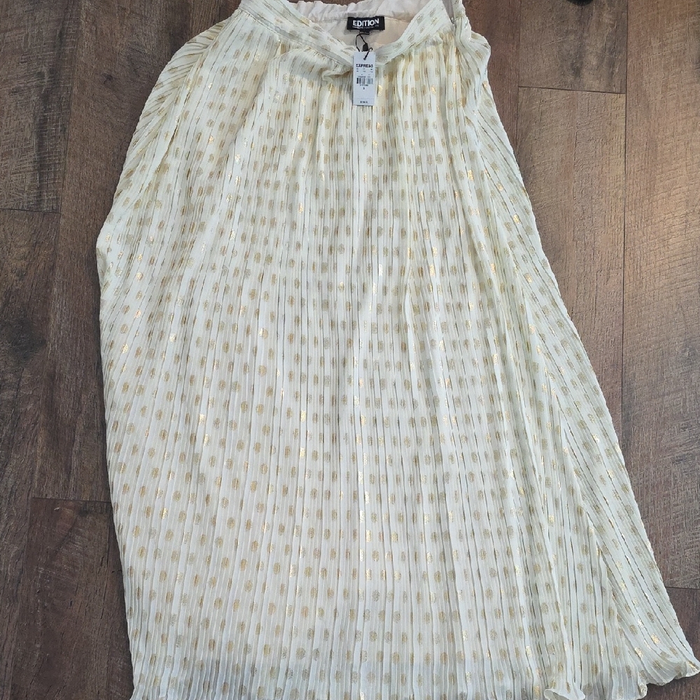 Express x Rachel Zoe gold polka dot pleated skirt metallic high waisted